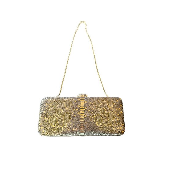 Katie Landry Snake Print Metallic Chain Clutch Purse With Rhinestone Clasp - Picture 1 of 5